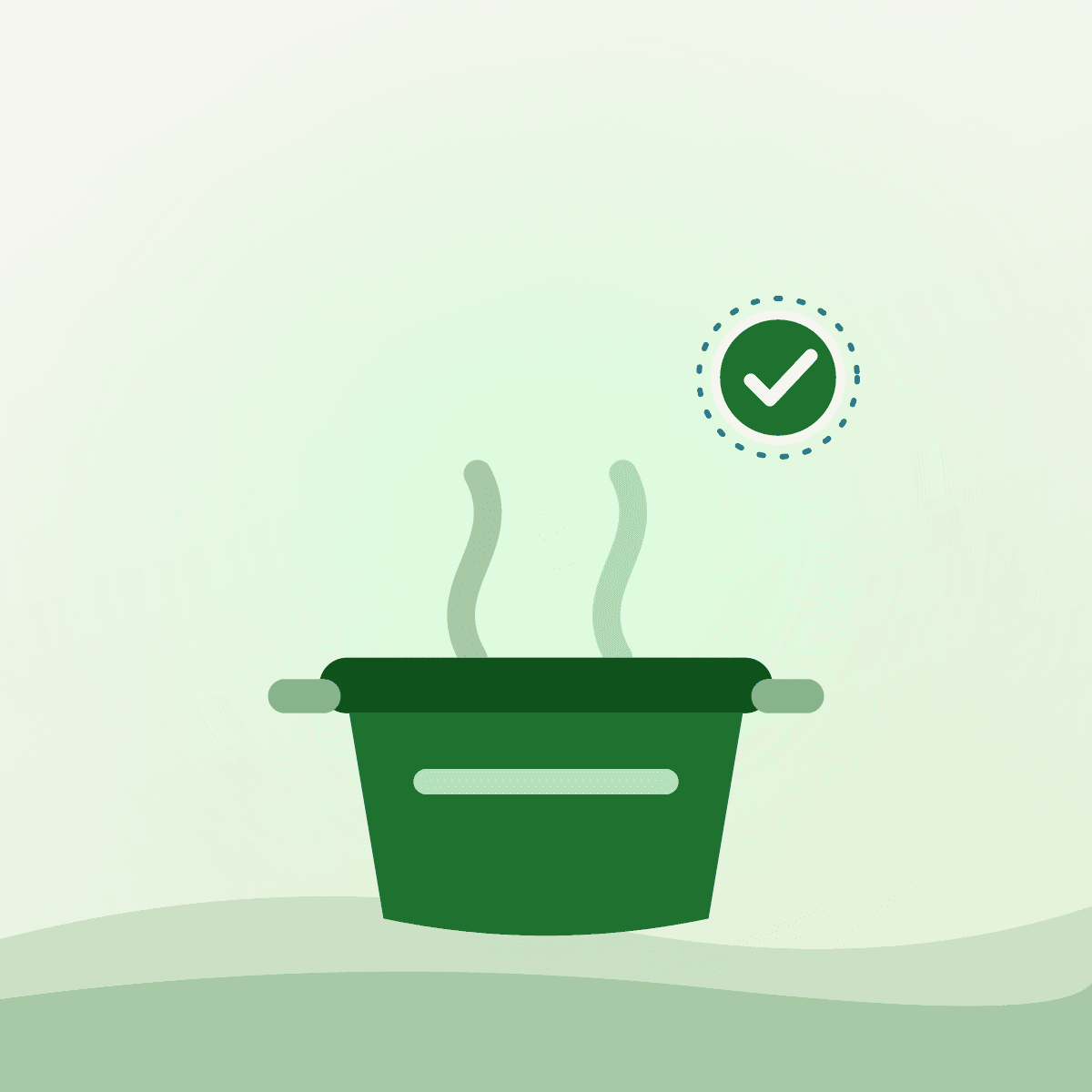Illustrated cooking pot with a check badge representing a supported kitchen programme